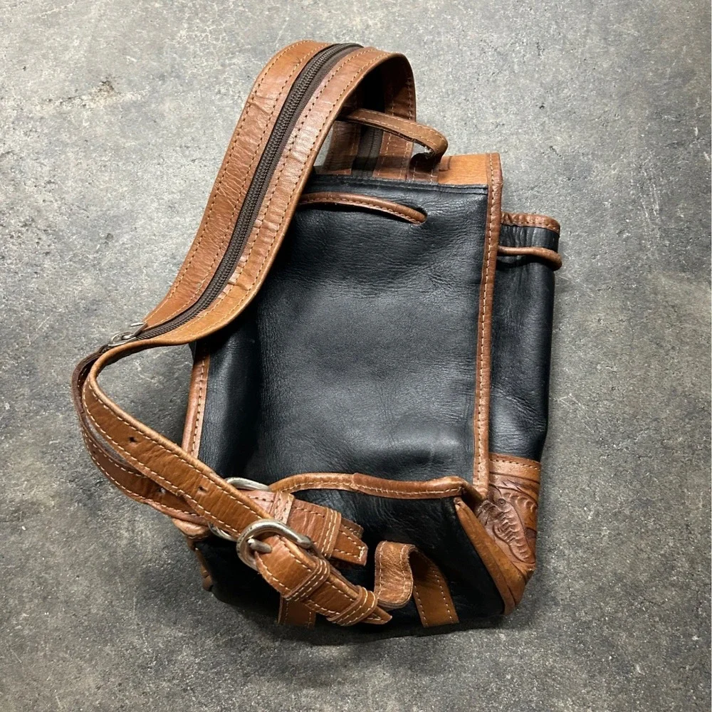 Force Ten West Mini Backpack Womens Brown Black Hand Tooled Leather Western Boho